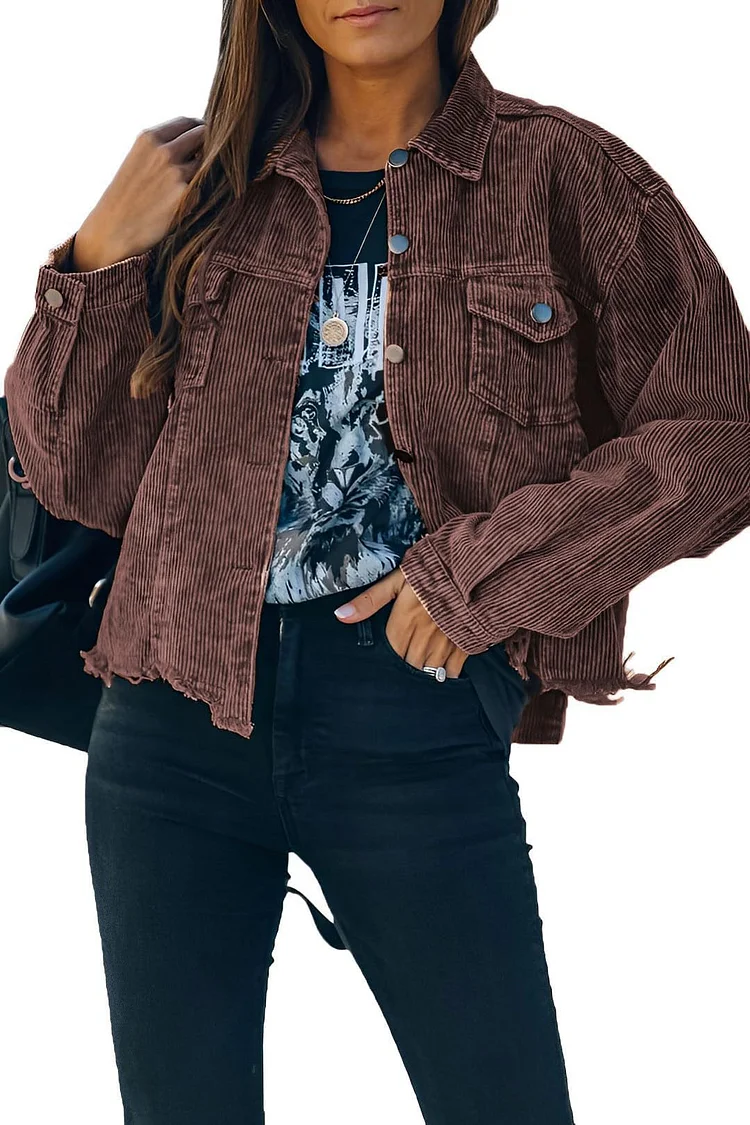Women's Frayed Hem Cropped Corduroy Denim Jacket