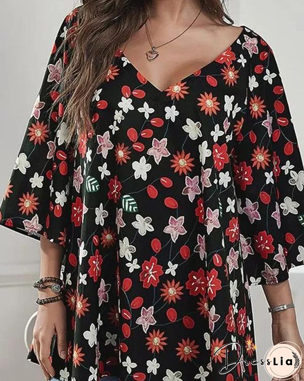 Casual V Neck 3/4 Sleeve Loose Fit Floral Blouses