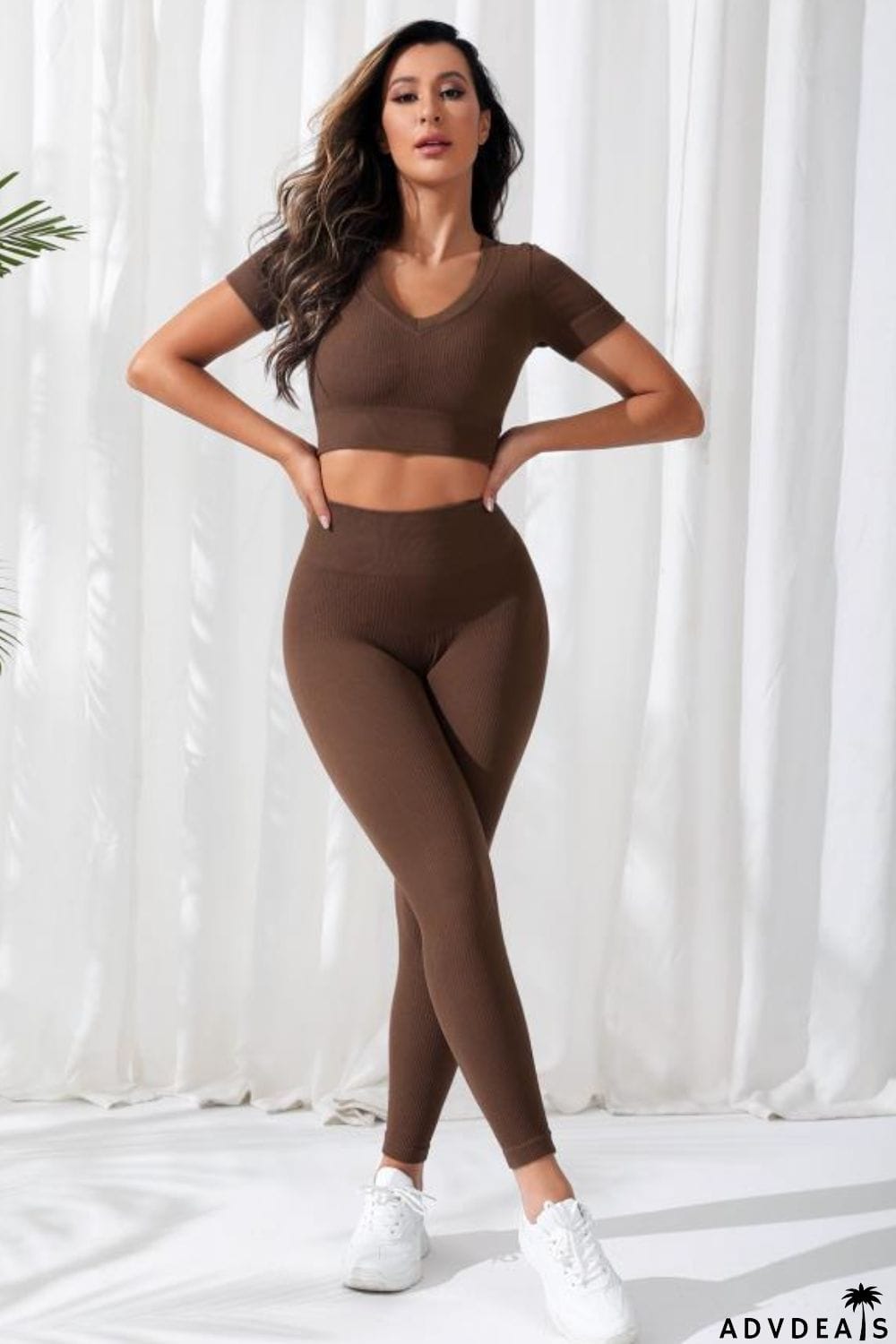 V-Neck Crop Top and High Waistband Long Active Pants