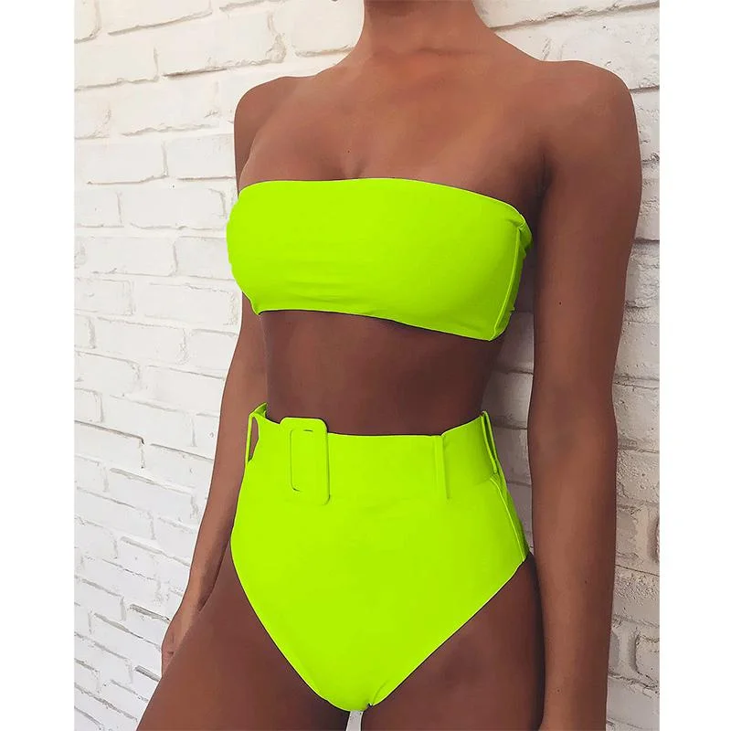 Freckange High Waist 2021 New Sexy Bikinis Set Swimwear Women Swimsuit Bandeau Green Swimming For Bathing Suit Woman Swimsuits