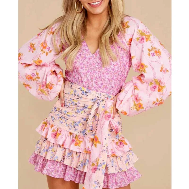 Nncharge Inspired 2024 women's spring summer dress long sleeve V-neck tiered ruffled dress women floral print elegant party dress