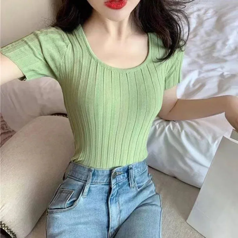 Oocharger Summer Slim Women T Shirt Fashion Tunic Korean Knitted Pullover Basic Tees Short Sleeve Solid Stand Collar Ladies Tops