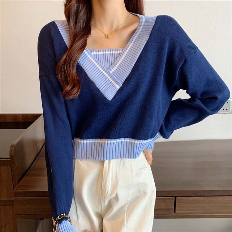 Colorblock V-neck Short Knit Sweater - Modakawa Modakawa