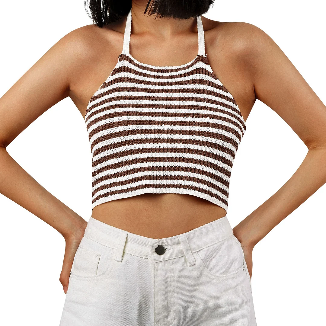 wsevypo Striped Color Block Knitted Crochet Camisole Casual Women Halter Tied Up Crop Tops Summer Street Beach Backless Tops