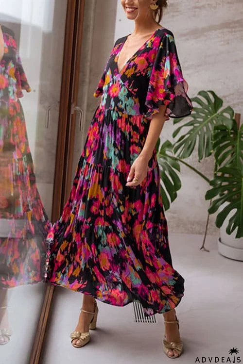 V Neck Floral Bat Maxi Dress
