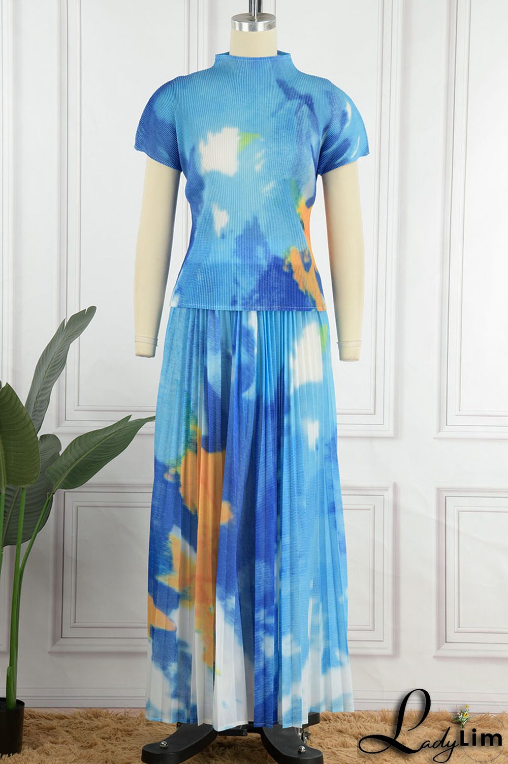 Apricot Casual Elegant Gradual Change Print Patchwork Fold O Neck Short Sleeve Two Pieces