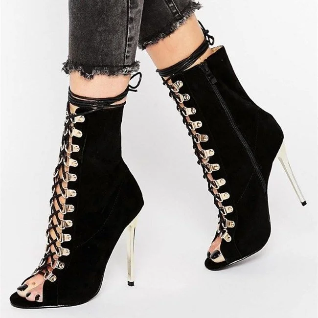Fashion Black Peep Toe Lace Up Boots Velvet Stilettos Ankle Boots |FSJ Shoes