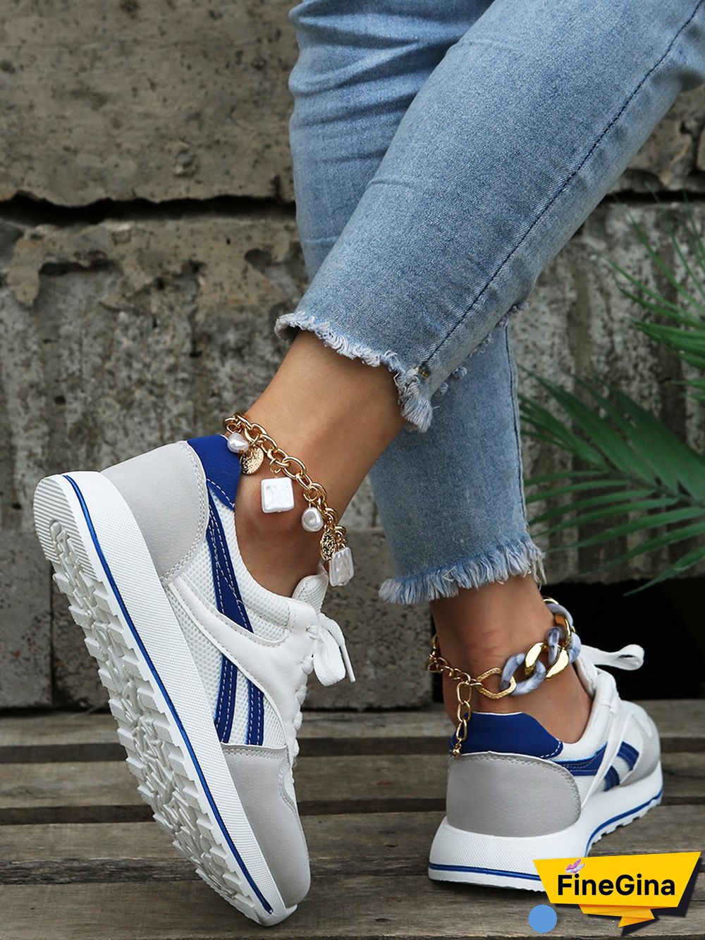 Color Block Sports All Season Split Joint Flat Heel Round Toe Fabric Fabric Lace-Up Sneakers for Women