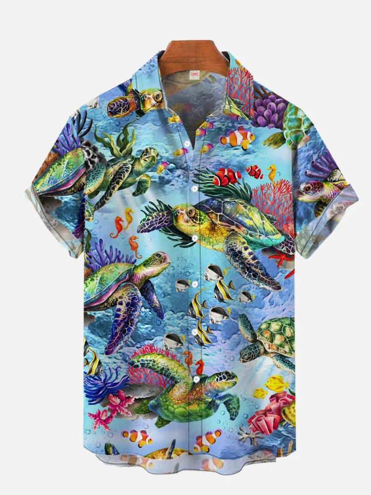 Underwater Wildlife Printed Tropical Summer Party Short Sleeve Shirt