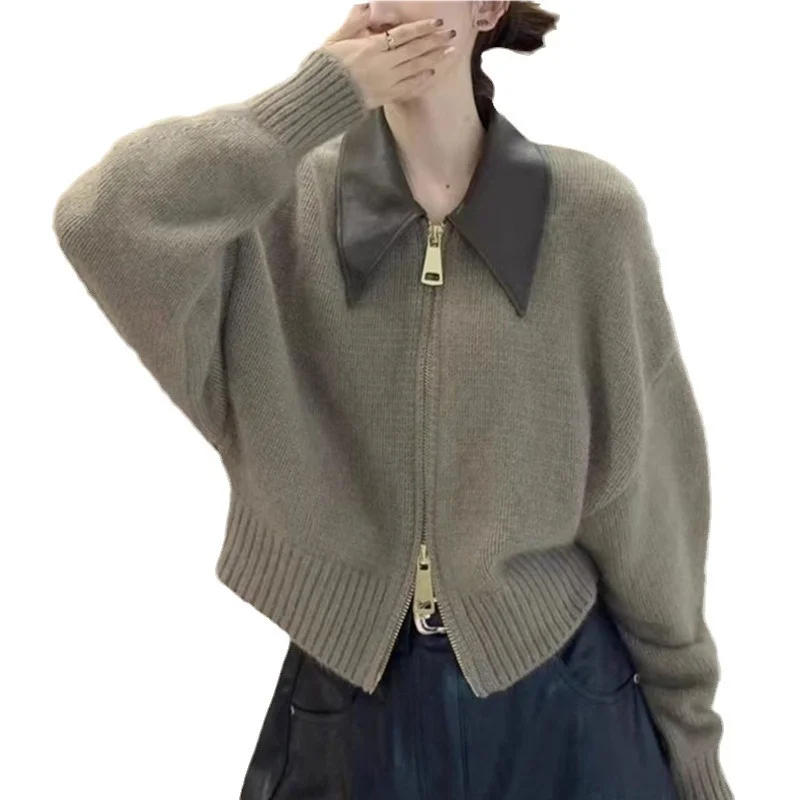 Toloer Toloer Goods Sweater Coat Women's Leather POLO Collar Stitching Knit Cardigan Zipper Lazy Wind 2024 Autumn / Winter New Top-Outfit Ideas