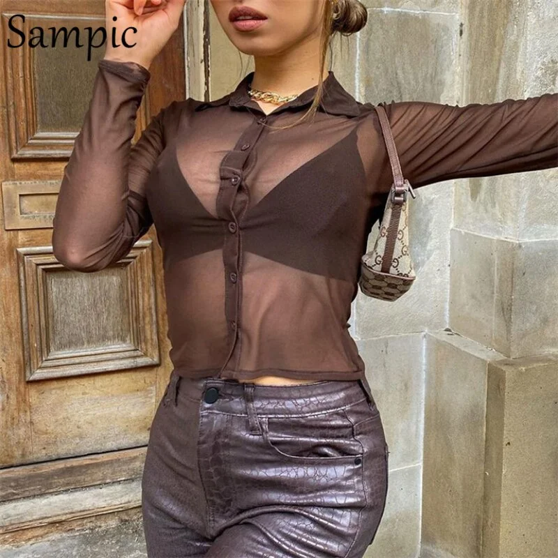 Sampic Vintage Fashion Sexy Women Mesh Y2K 90s Long Sleeve T Shirt Casual Tie Dye Summer 2021 Transparent Party GradienCrop Tops