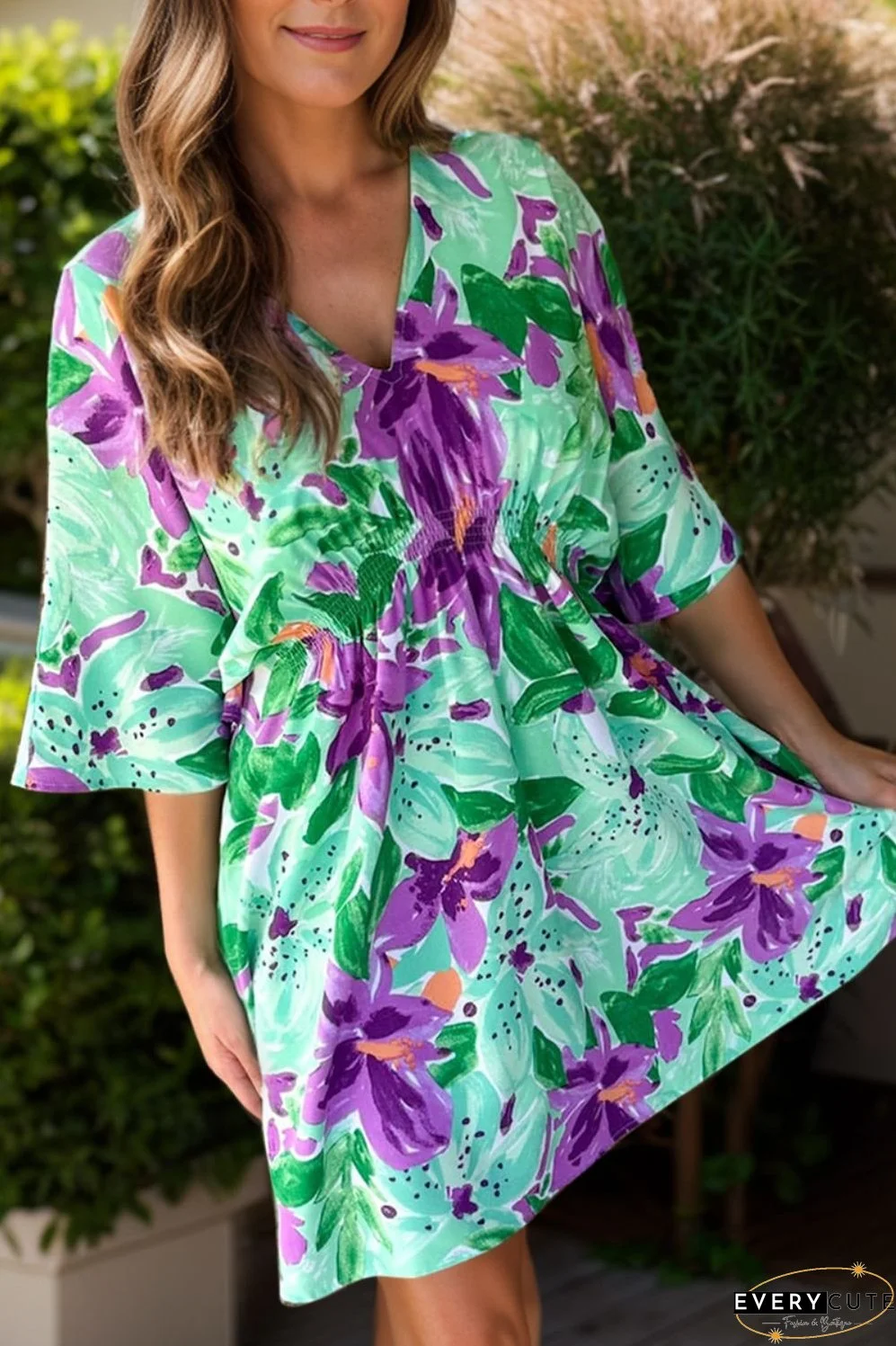 Printed V-Neck Half Sleeve Mini Dress