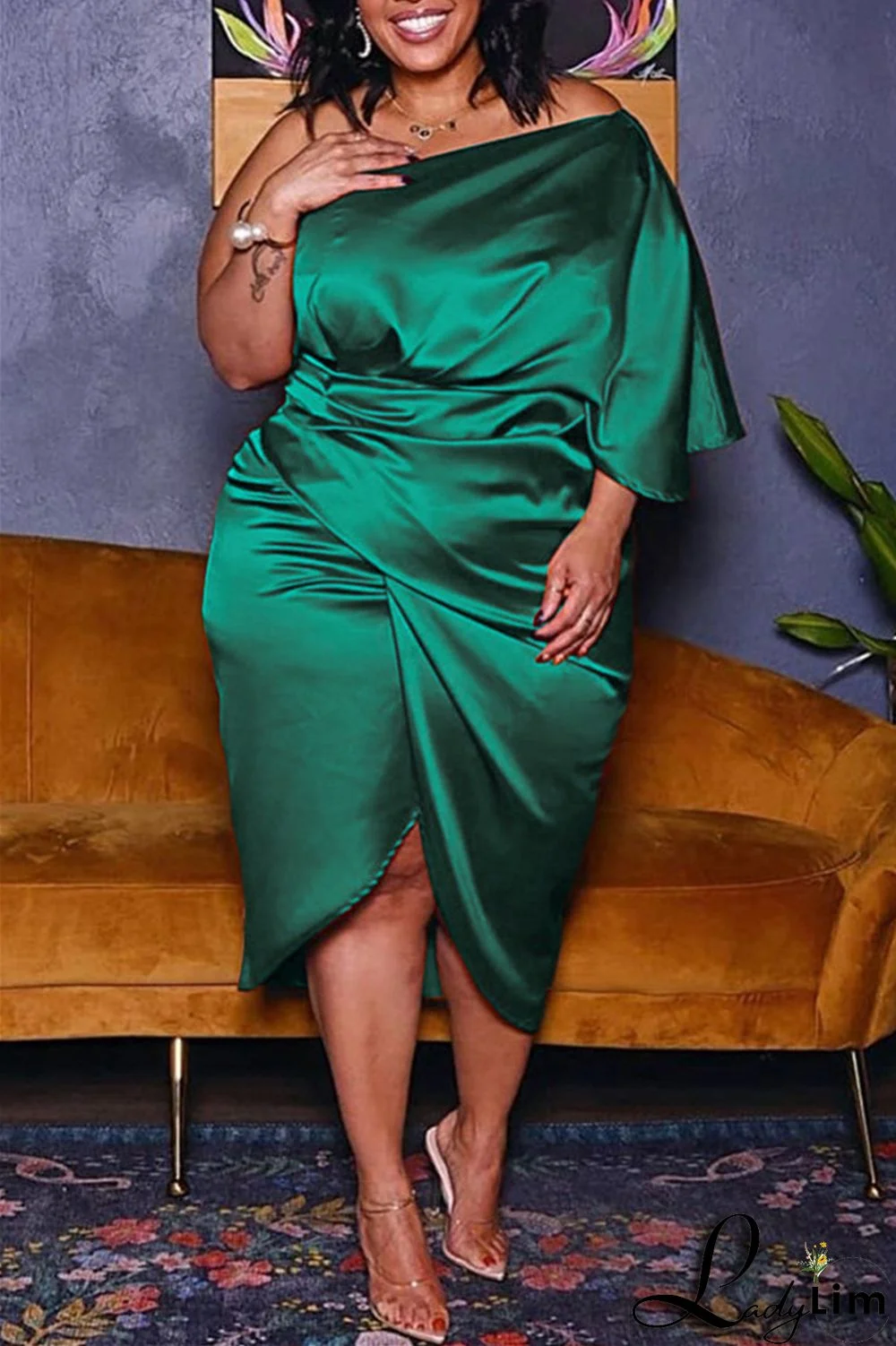 Ink Green Fashion Plus Size Solid Split Joint Backless Fold Oblique Collar Irregular Dress