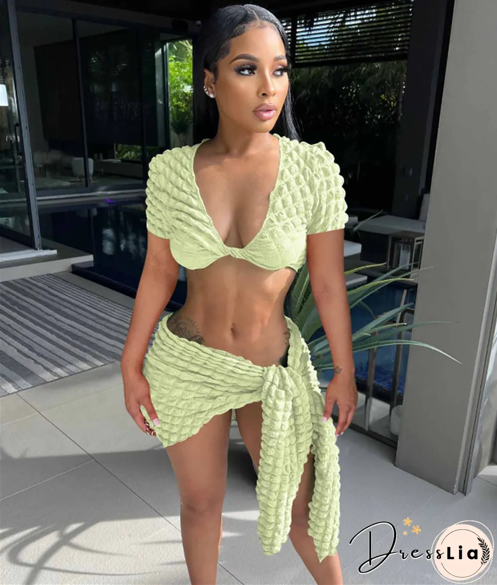 Short Sleeve Crop Tops Lace Up Skirts Two Piece Set