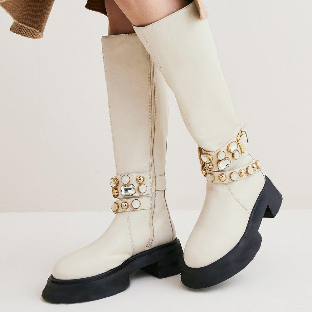 White  Boots Rhinestone Decor Lug Sole Chunky Heel Boots Nicepairs
