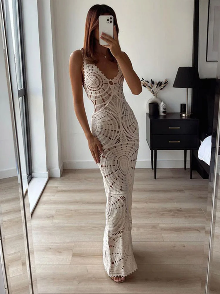 Huibahe Women Elegant Solid Hollow Out Knitted Maxi Dress Slim Fit V-necked Sleeveless Vestidos 2023 Fashion Female Beachwear Sundress