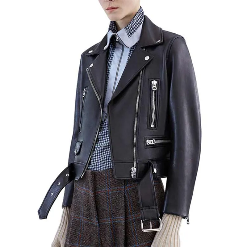 Ailegogo New 2021 Autumn Women Pu Leather Jacket Woman Zipper Belt Short Coat Female Motorcycle Black Faux Leather Outwear