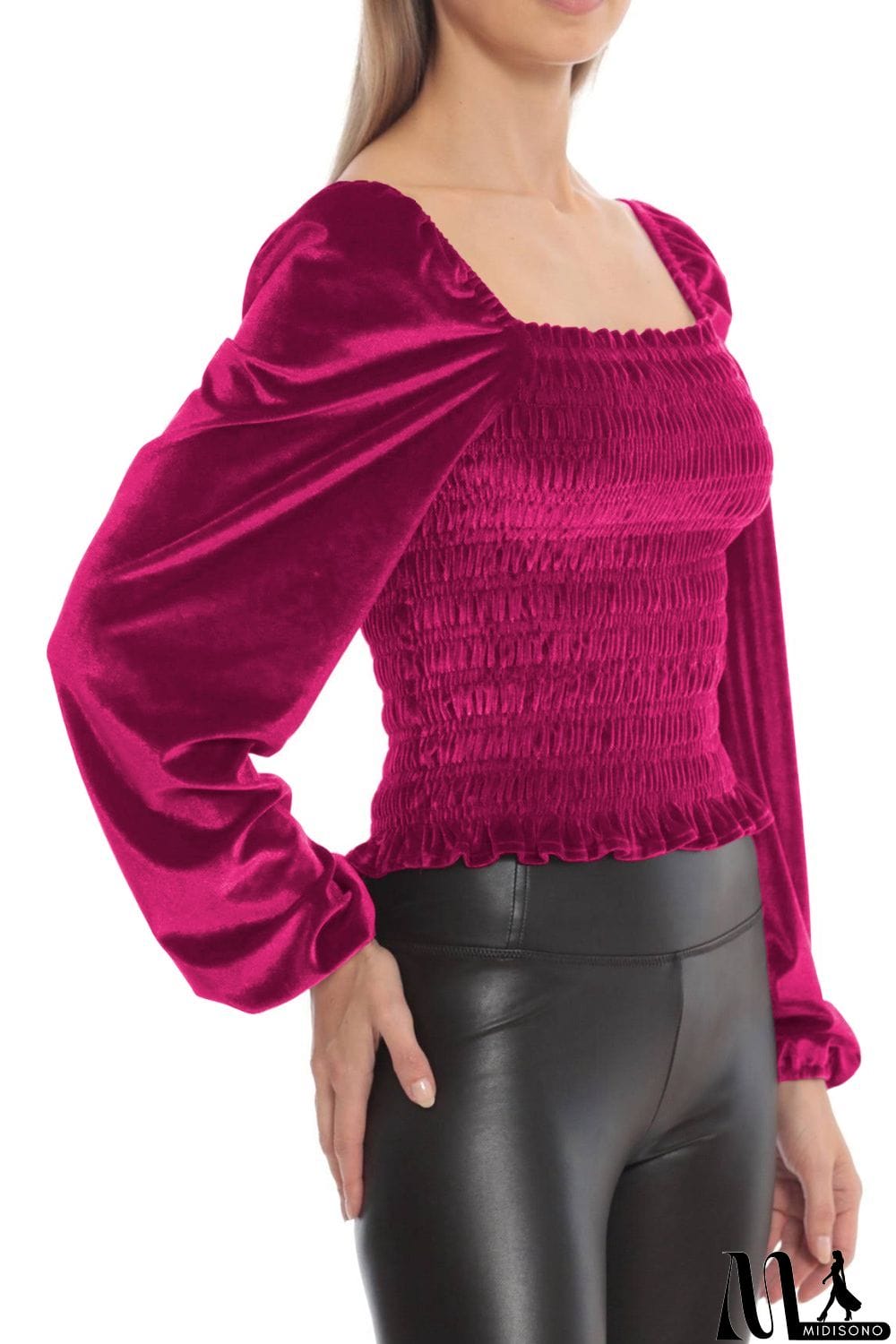 MidiSono - Smocked Square Neck Long Sleeve Blouse