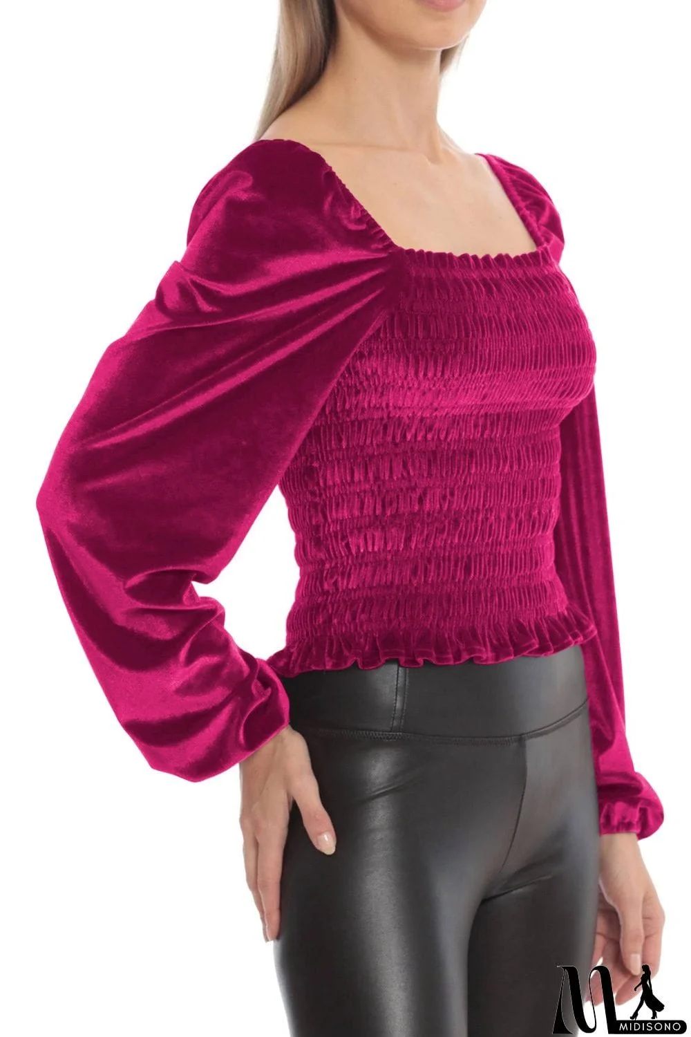 MidiSono - Smocked Square Neck Long Sleeve Blouse