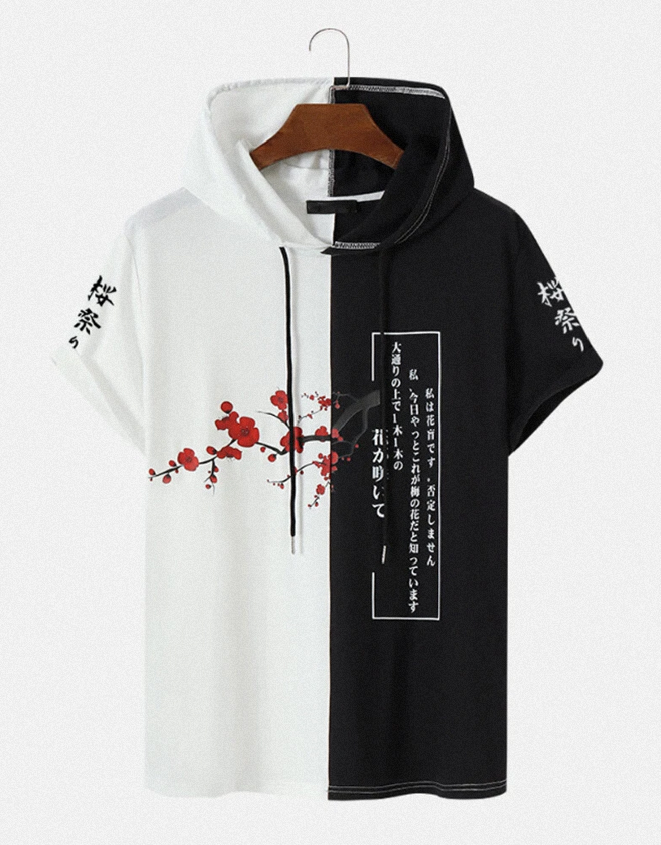 Mens Floral Japanese Print Patchwork Short Sleeve Hooded T-Shirts / TECHWEAR CLUB / Techwear