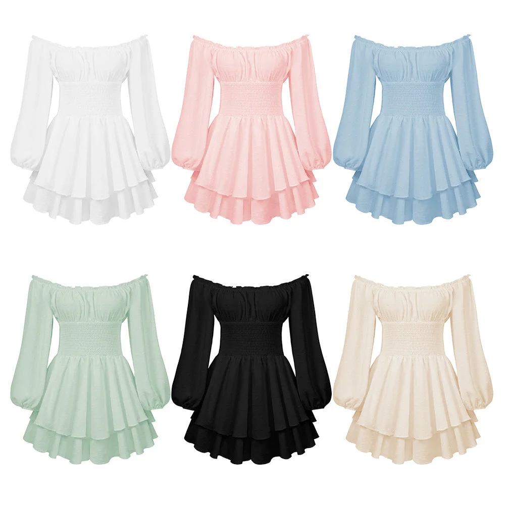 Brownm Summer Pleated Off-neck Long Sleeve Casual Jumpsuits