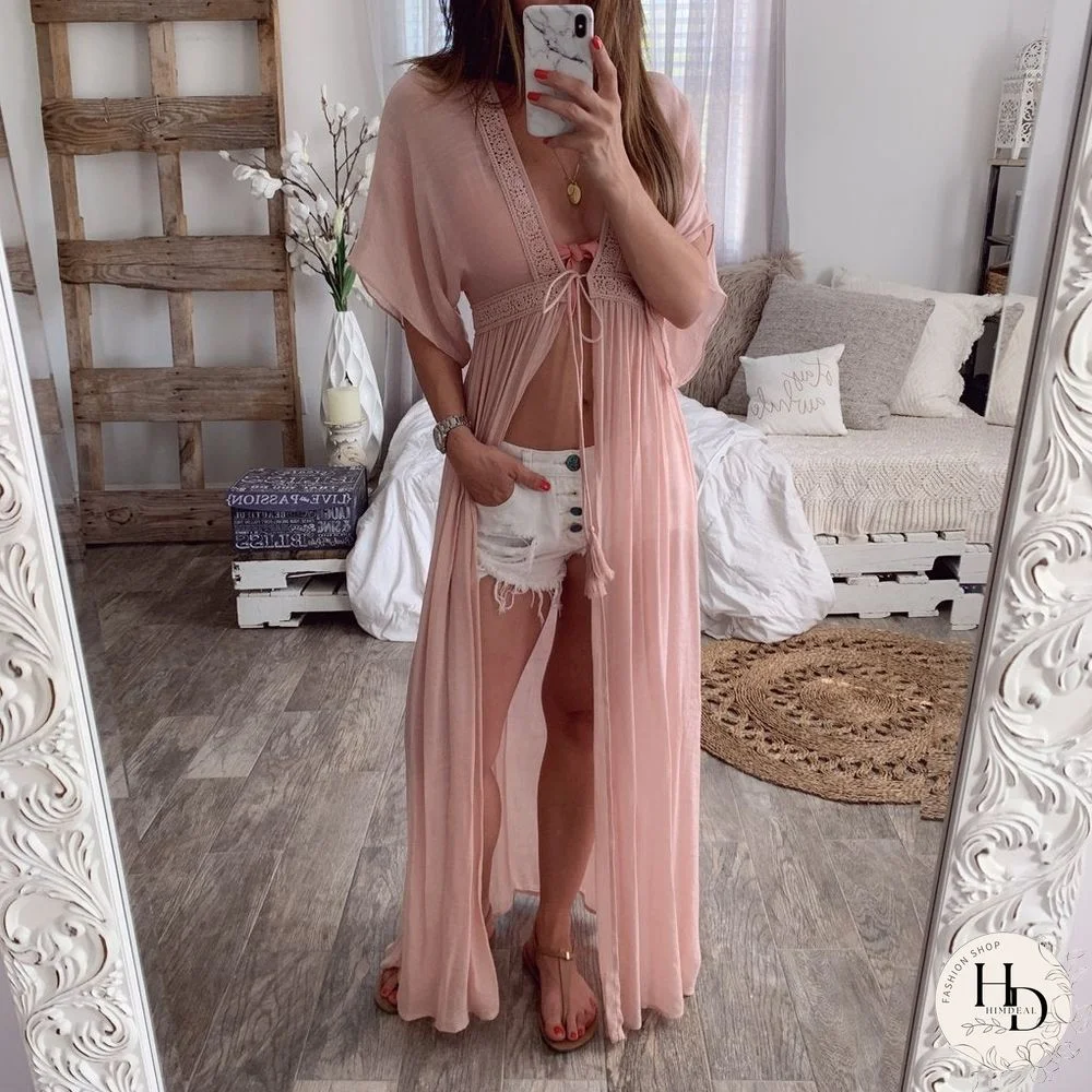 Summer Lace Cardigan Solid Color Holiday Style Dress Long Skirt