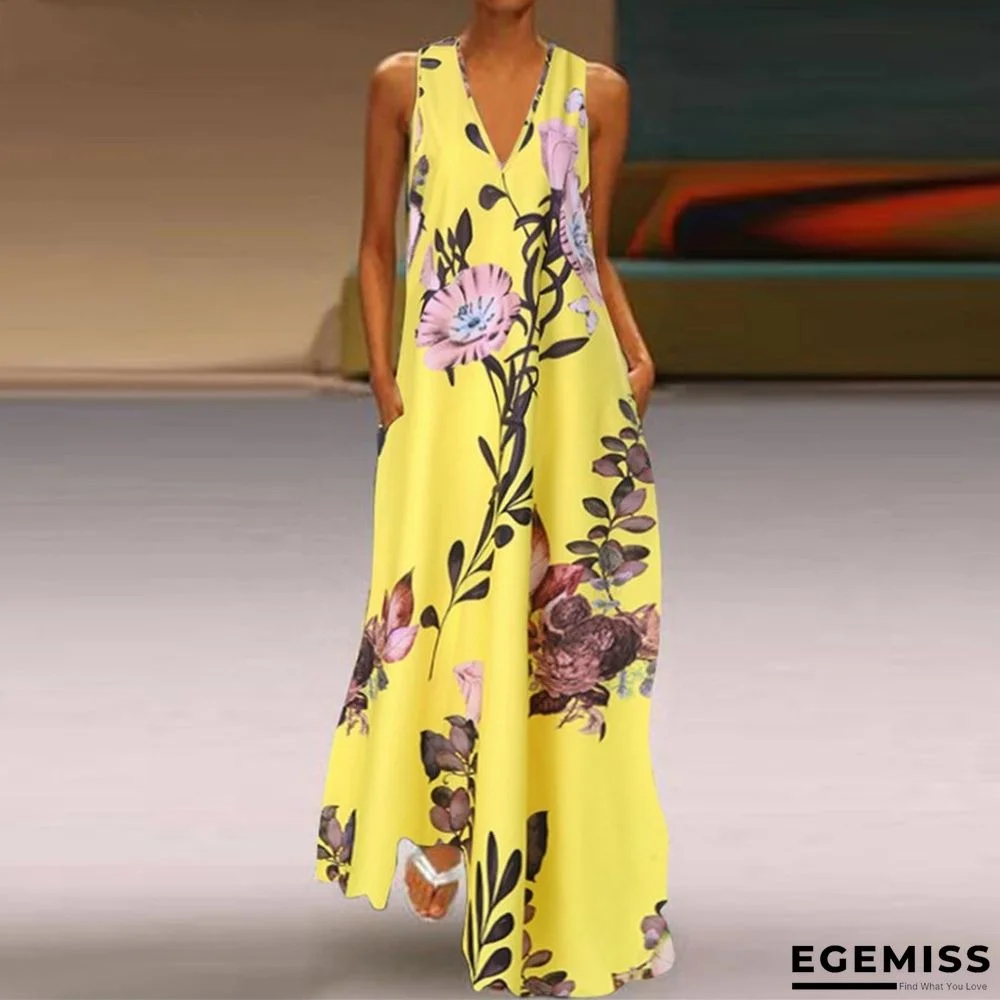 Printed Deep V-neck Dress Sleeveless A-word Large Size Long Dress White Dresses | EGEMISS
