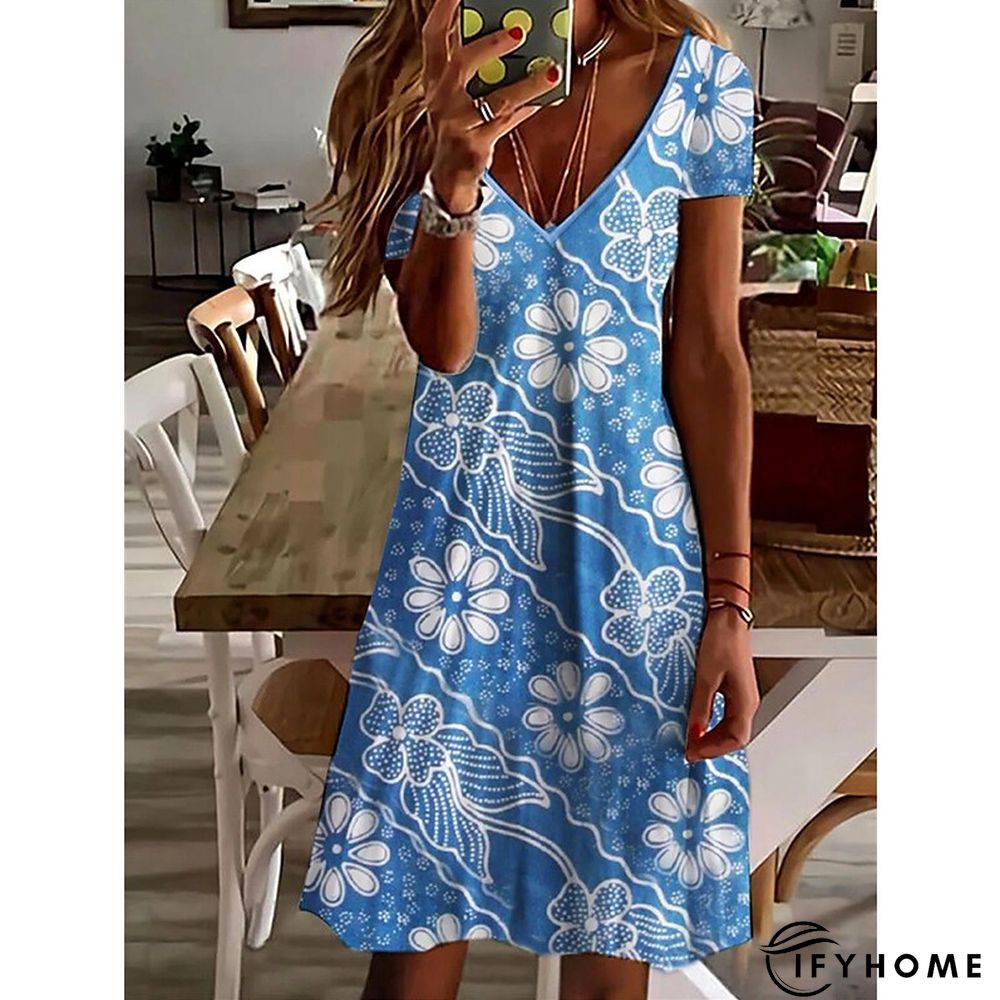 Women's Casual Dress Summer Dress Print Dress Floral Geometric Print V Neck Mini Dress Basic Fashion Outdoor Daily Short Sleeve Regular Fit White Blue Green Spring Summer S M L XL XXL | IFYHOME