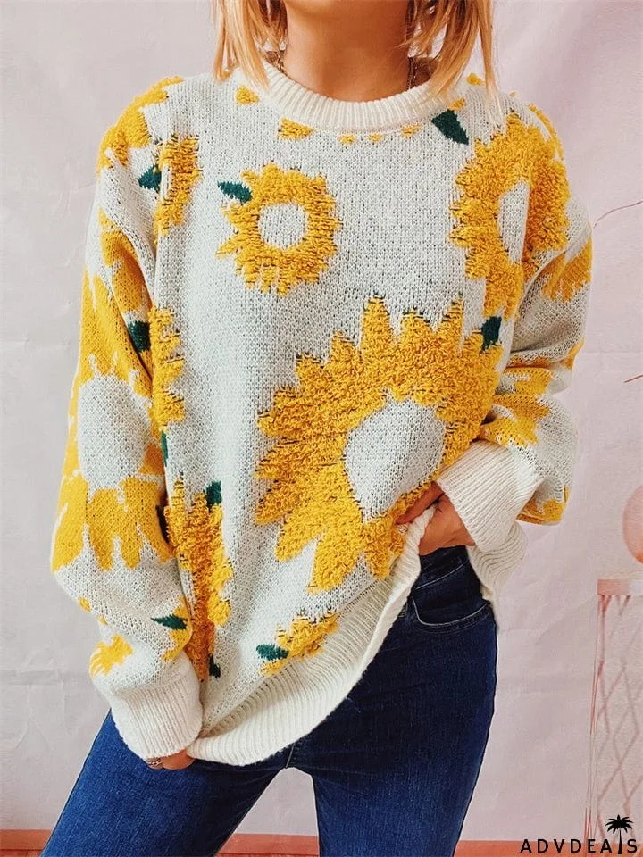 Female Sunflower Crew Neck Pullover Knit Sweater