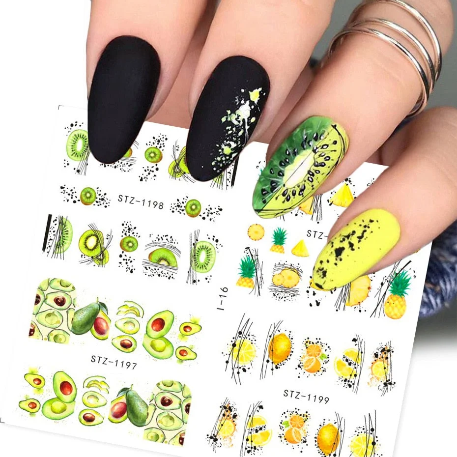 Nail Stickers Water Transfer Fruits Abstract Art Designs 4Pcs/Set Nail Decal Decoration Tips For Beauty Salons-Nail Inspo