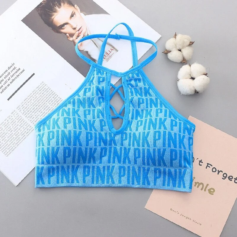 Zoki Sexy Hollow Out Women Crop Tops Energy Sports Bra Pad High Impact Tanks Fashion Letter Knitted Female Camis Fitness Tanks