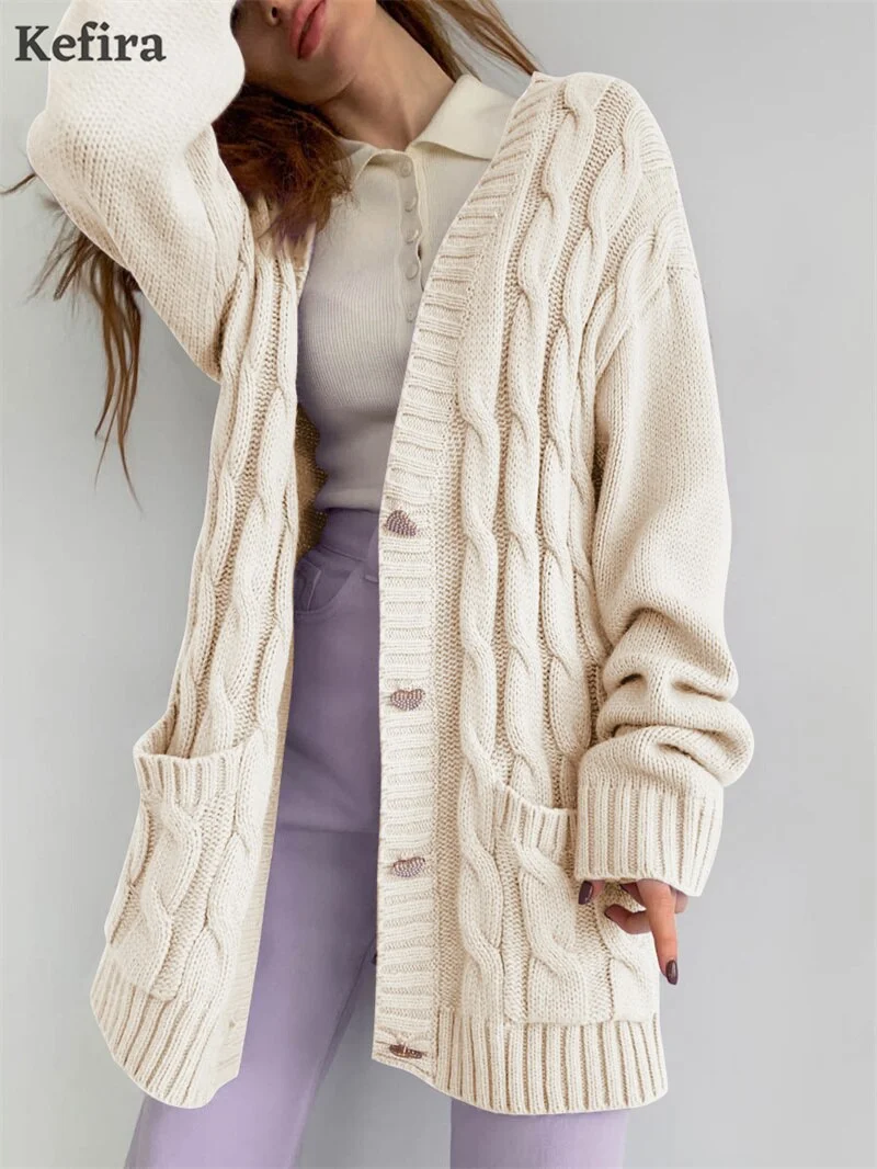 Kefira 2021 V Neck Cardigan For Women Knitted Long Sleeve Sweater Oversize Cardigan Autumn Winter Button Loose Casual Jumper