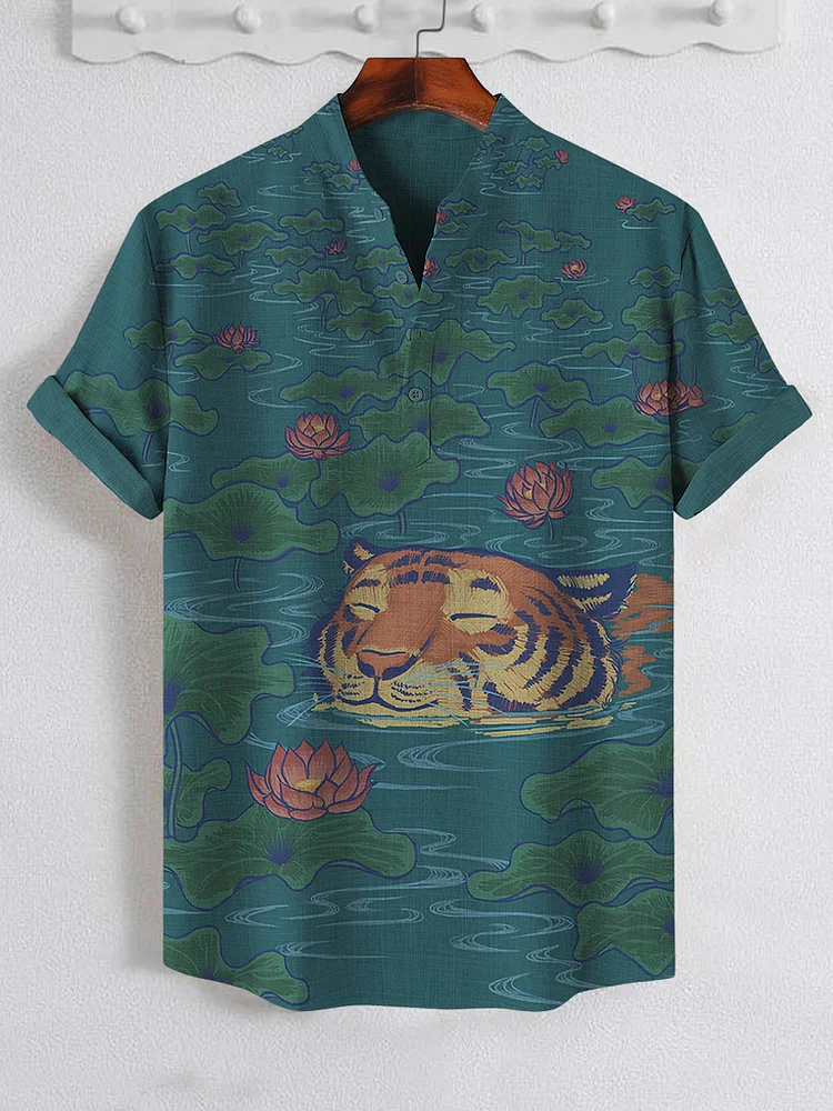 Men's Tiger Lotus Pond Print Half Button Short Sleeve Shirt