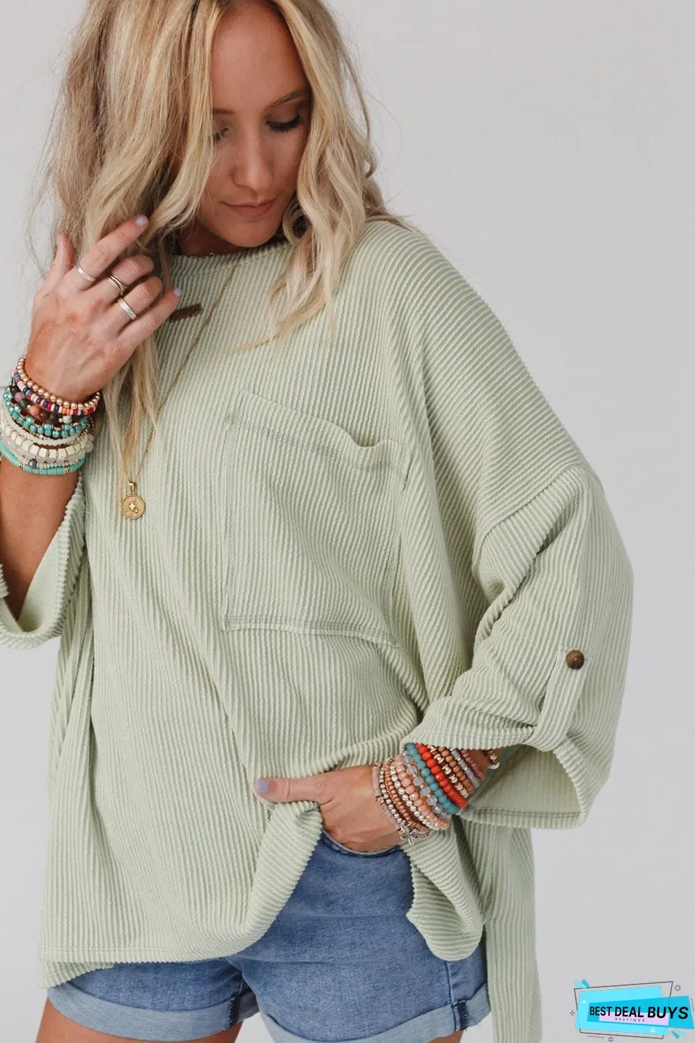 Ribbed Roll-tab Sleeve Oversize Top