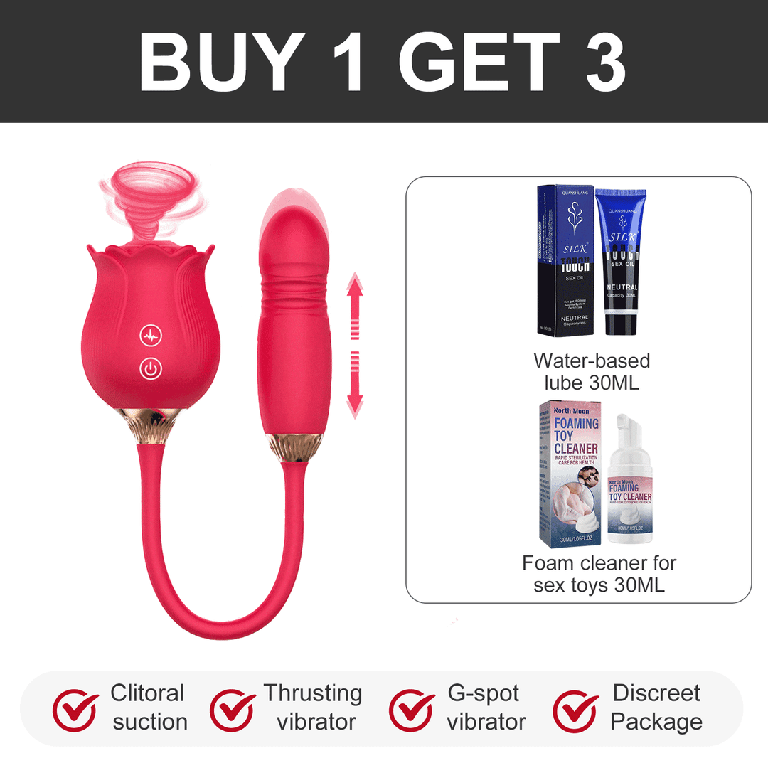 Double Headed Rose Vibrator with Sucking and Thrusting Functions for Deep Sensations