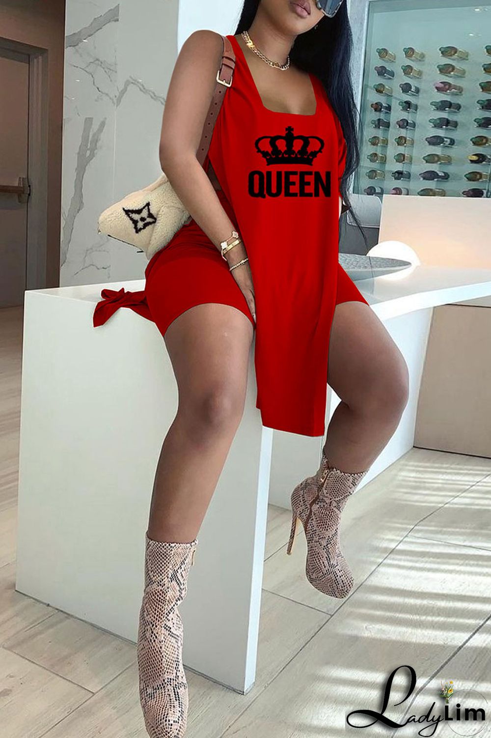 Royal Blue Casual Print Split Joint Slit U Neck Sleeveless Two Pieces