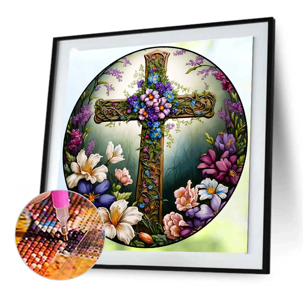 Diamond Painting - Full Round Drill - Stained Glass Cross(30*30cm)