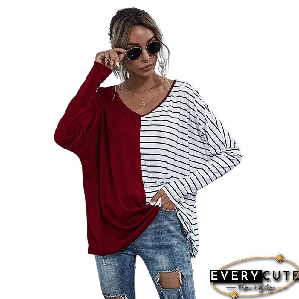Red Stripe Contrast Long Sleeve Tops