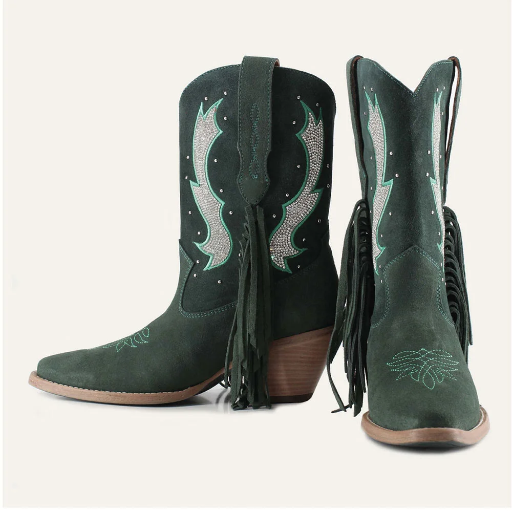 Snip Toe Studded Stacked Heel Fringe Rhinestone Cowgirl Boots in Green