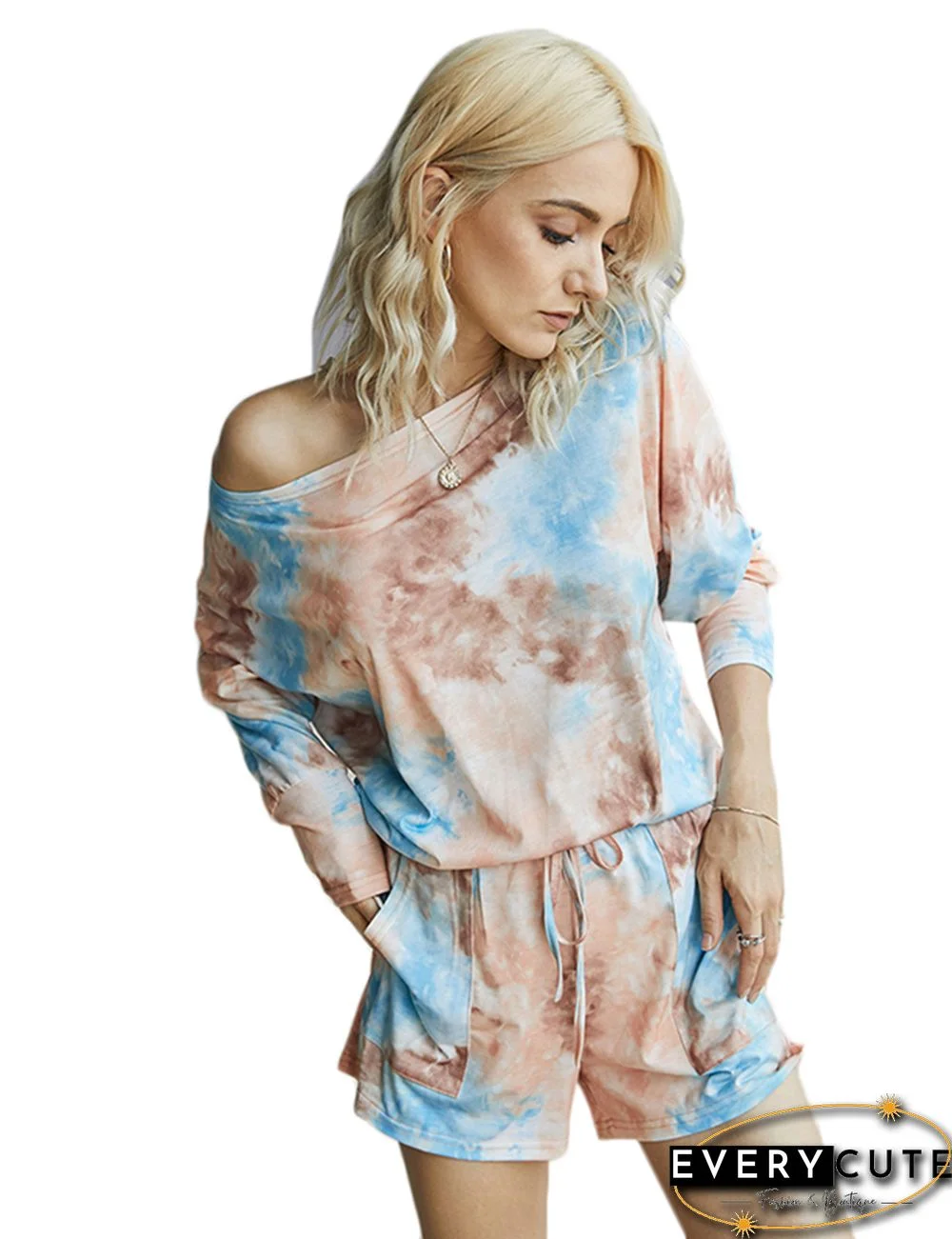 Orange Tie Dye 3/4 Sleeve Tops with Shorts Set