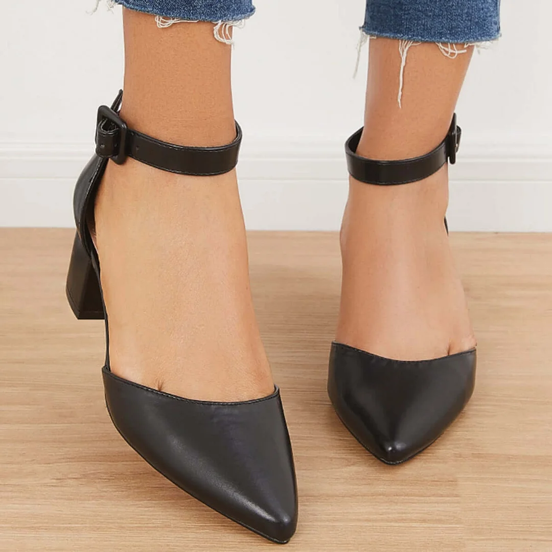 Block Low Heel Pumps Pointed Toe Ankle Buckle Strap Heels