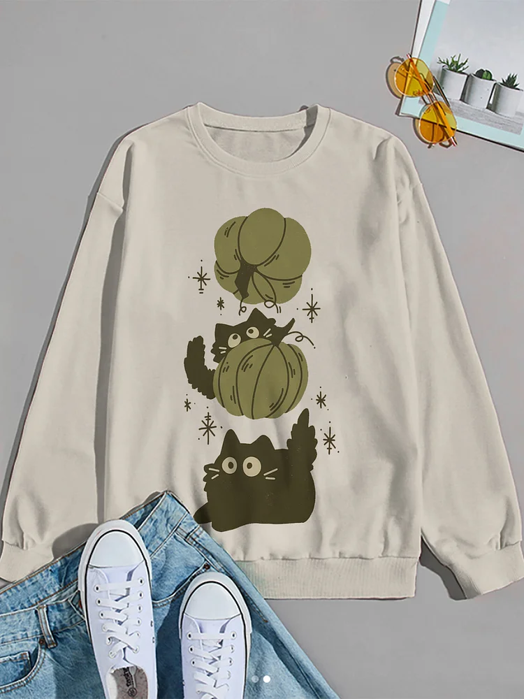 Women's Cute Cat Pumpkin Graphic Print Cotton Long Sleeve T-Shirt Thin Sweatshirt