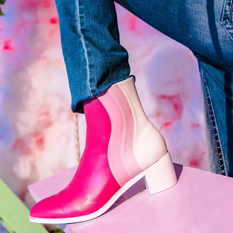 Multi-Color Pointy Toe Block Heeled Ankle Boots Vdcoo