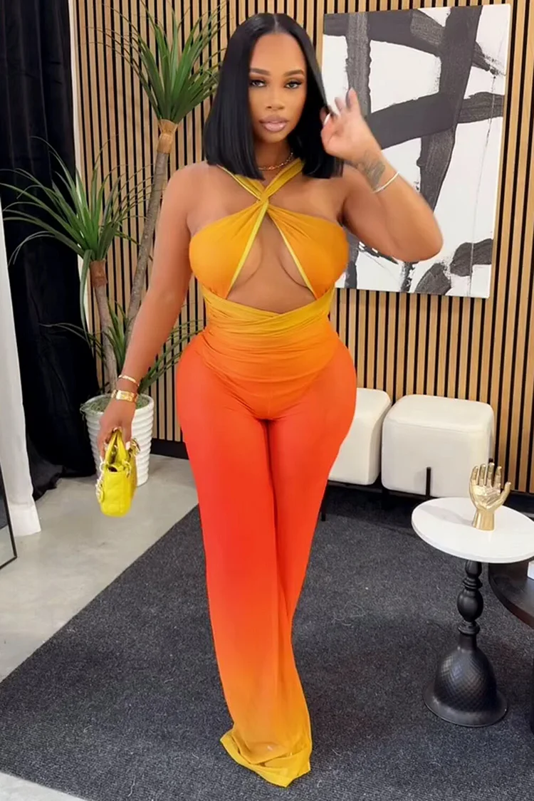 Twisted Halter Cutout Ombre Print Party Wide Leg Jumpsuit-Orange [Pre Order]