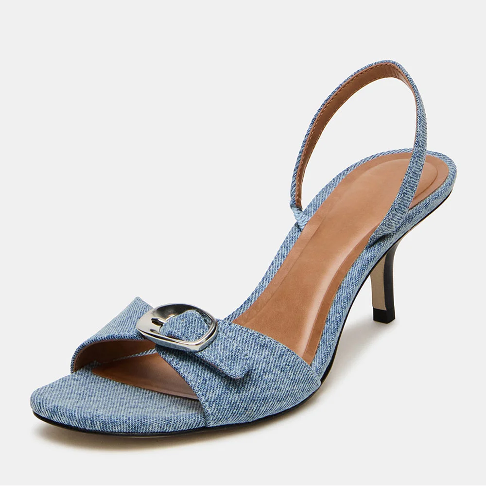 Blue Denim Open Toe Buckle Stiletto Heel Slingback Summer Sandals