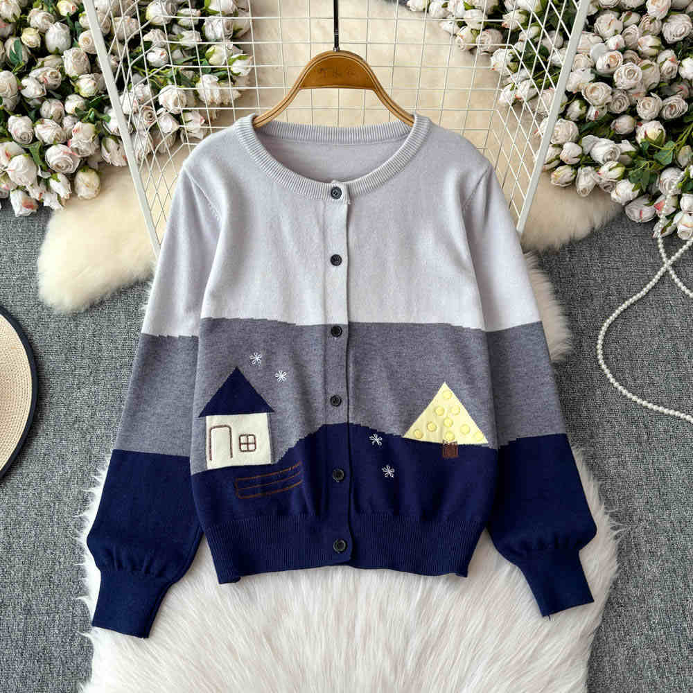 Luckwaveonline stylish dresses women Creative Embroidery Knitted Cardigan for Women Autumn Winter O-Neck Long Sleeve Loose Sweater Coat Lady Casual Top