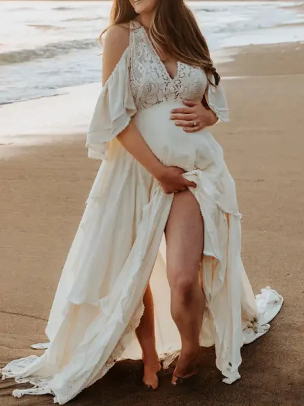 Maternity White Lace Splicing V-neck Off Shoulder Photoshoot Dress