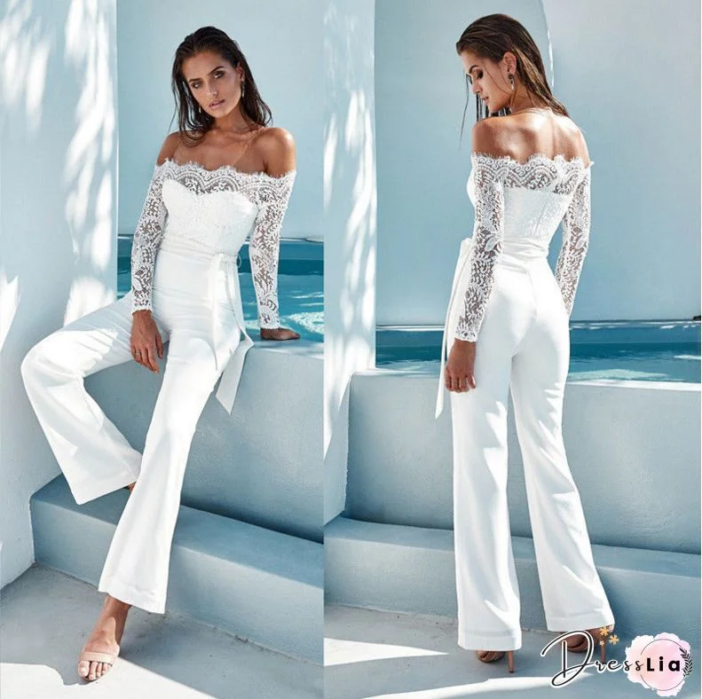 Off Shoulder Eyelash Lace Patchwork Belted Romper P13589