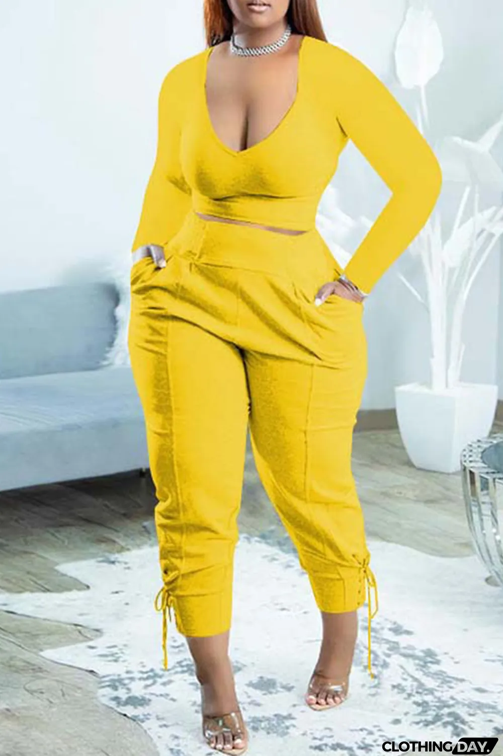 Black Casual Solid Bandage Patchwork V Neck Long Sleeve Two Pieces