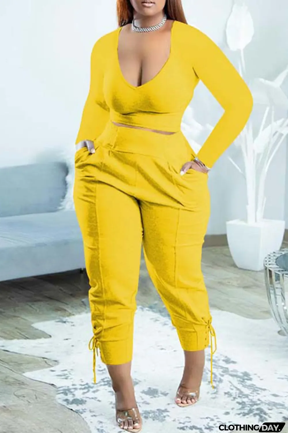 Black Casual Solid Bandage Patchwork V Neck Long Sleeve Two Pieces